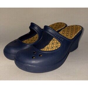 Crocs Frances Mary Jane Navy Wedge Heel Slip On Mules Women's Sandals Size 9